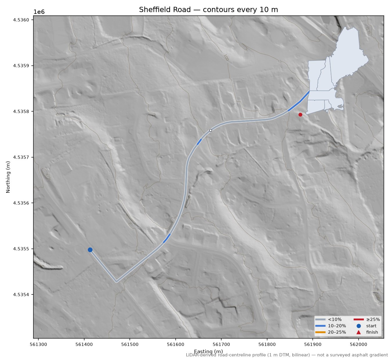 Sheffield Road LiDAR hillshade map with contours