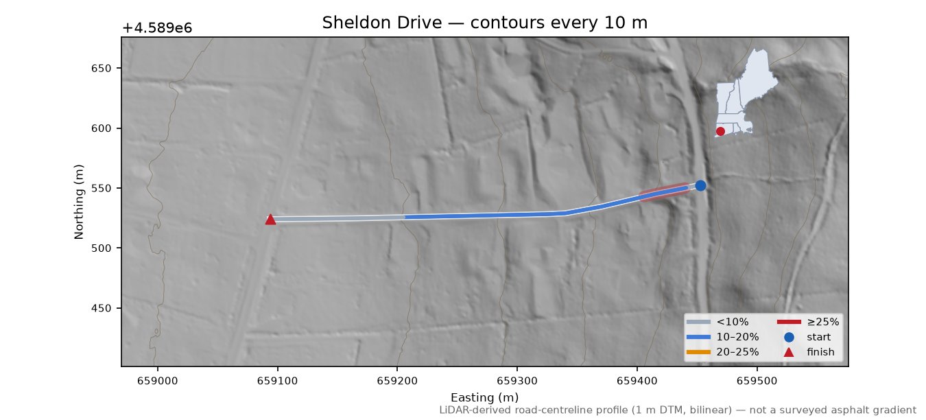 Sheldon Drive LiDAR hillshade map with contours