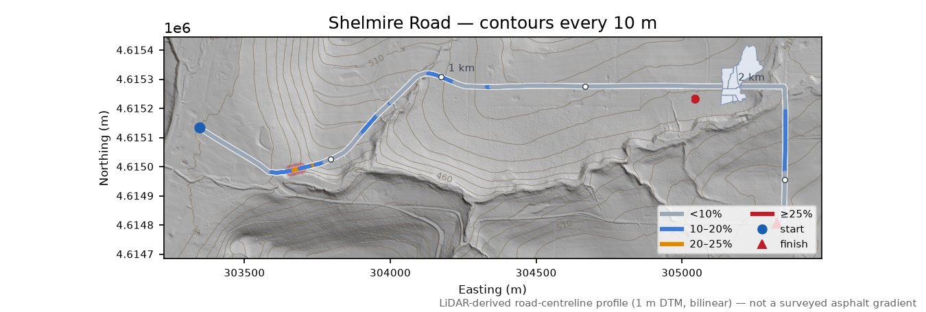 Shelmire Road LiDAR hillshade map with contours