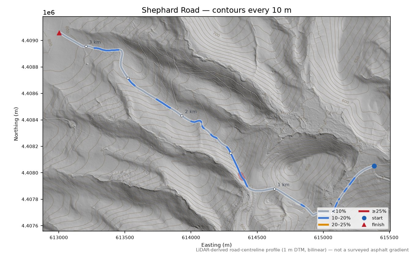 Shephard Road LiDAR hillshade map with contours