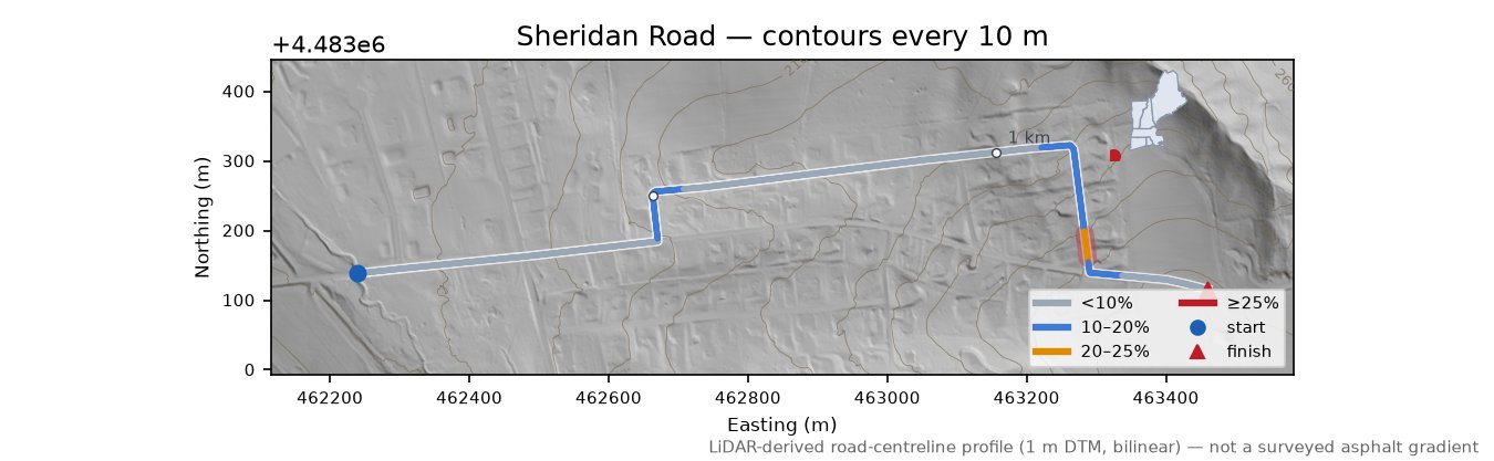 Sheridan Road LiDAR hillshade map with contours