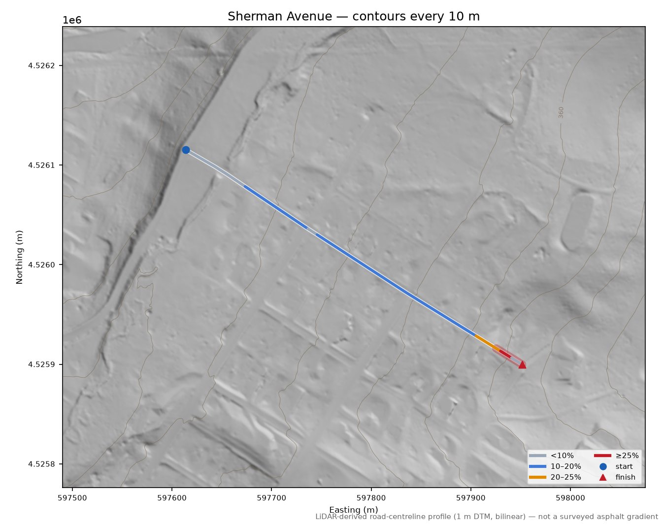 Sherman Avenue LiDAR hillshade map with contours