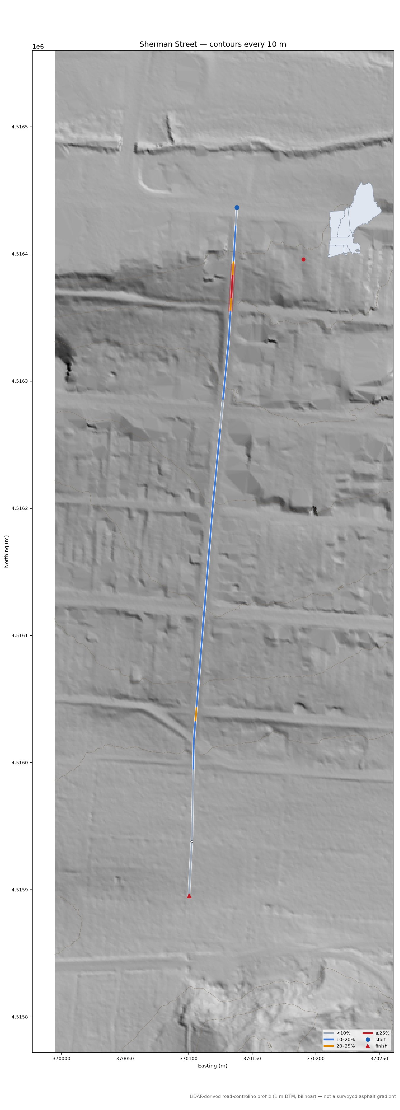 Sherman Street LiDAR hillshade map with contours