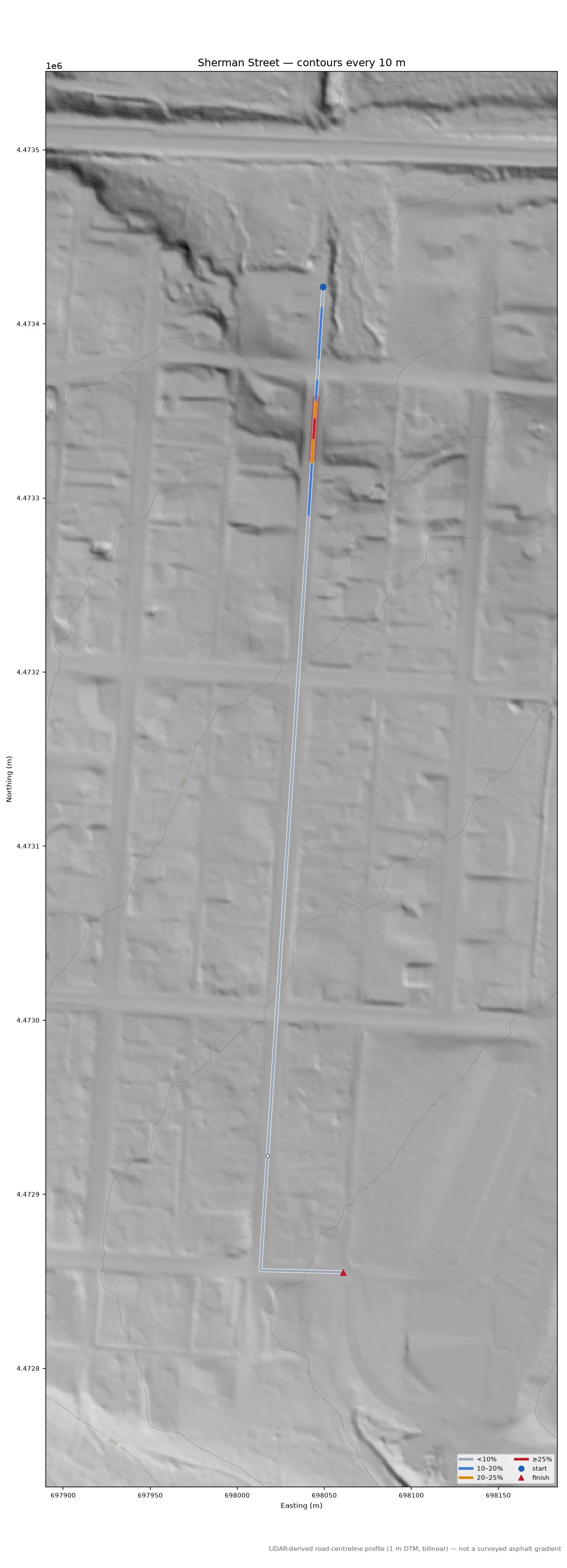 Sherman Street LiDAR hillshade map with contours