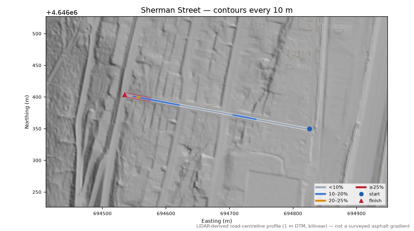 Sherman Street LiDAR hillshade map with contours