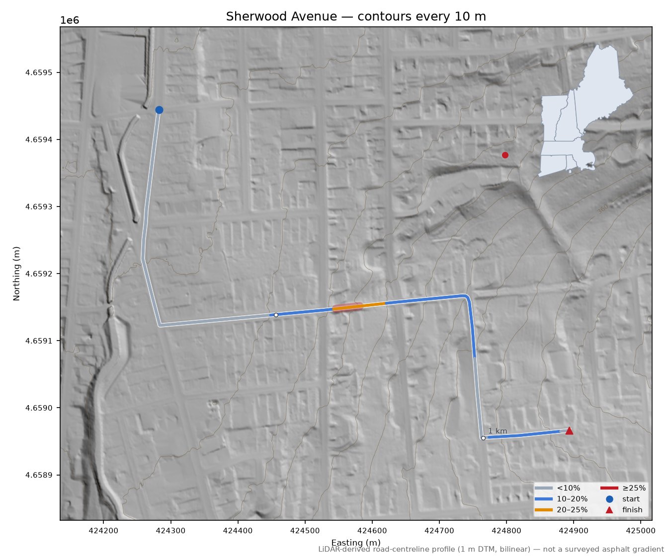 Sherwood Avenue LiDAR hillshade map with contours