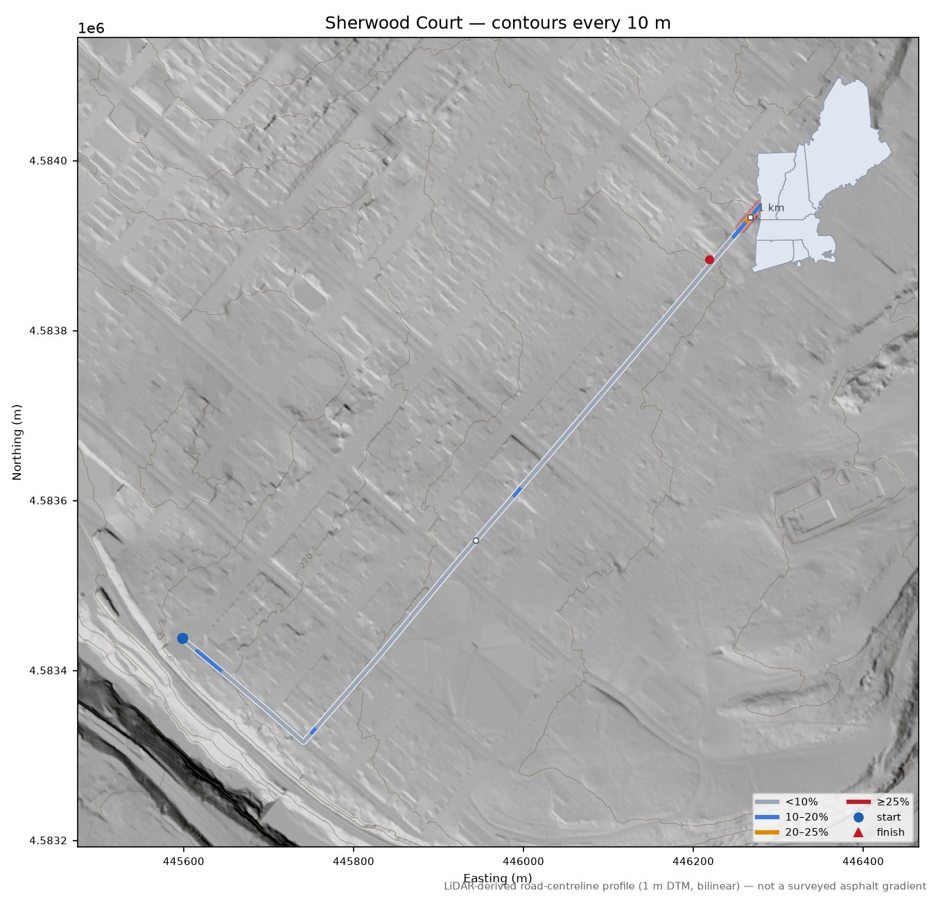 Sherwood Court LiDAR hillshade map with contours
