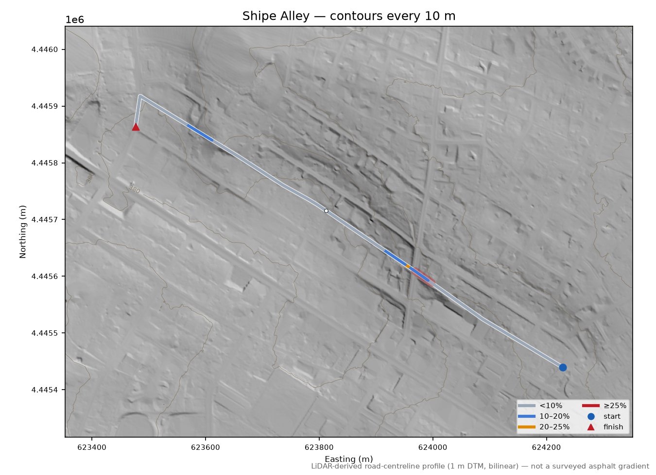 Shipe Alley LiDAR hillshade map with contours