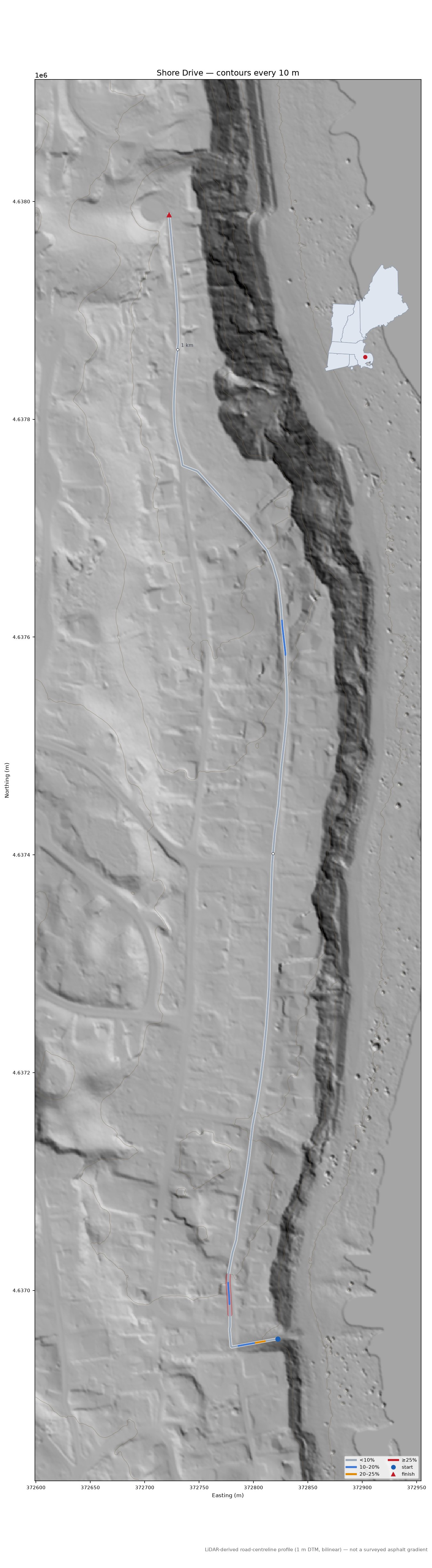 Shore Drive LiDAR hillshade map with contours