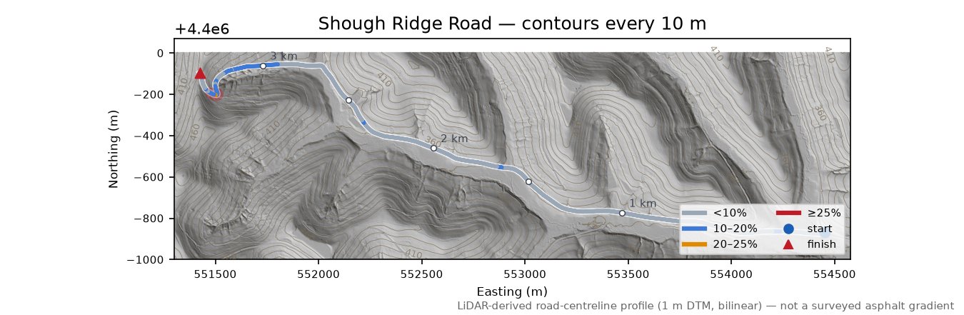 Shough Ridge Road LiDAR hillshade map with contours