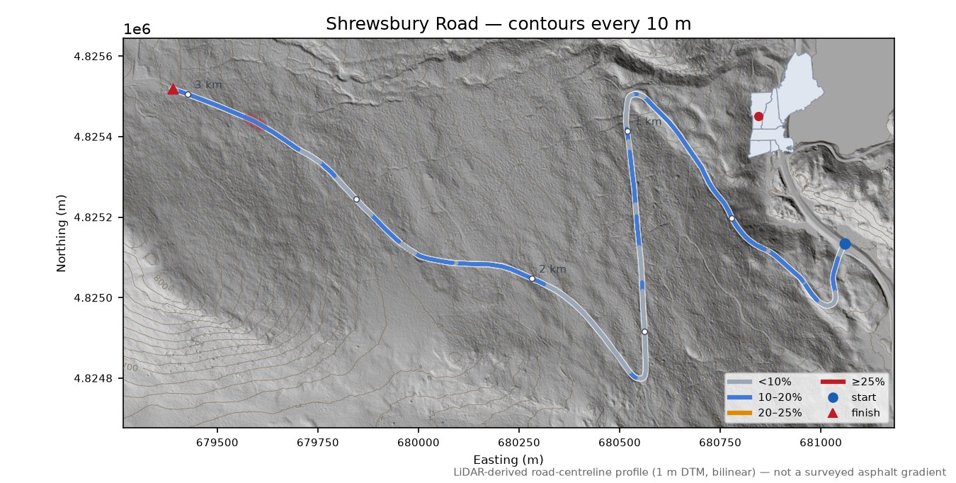 Shrewsbury Road LiDAR hillshade map with contours