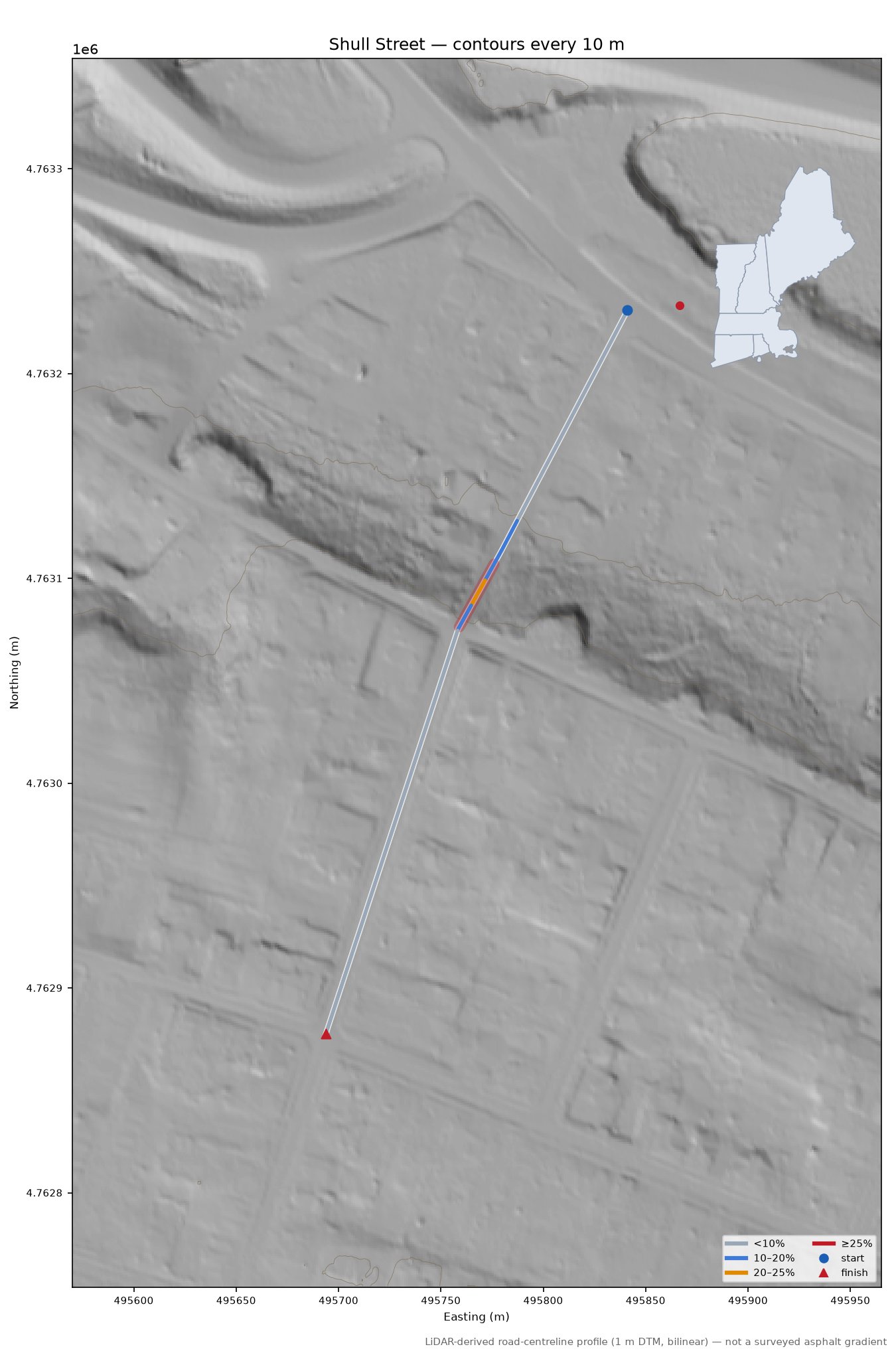 Shull Street LiDAR hillshade map with contours