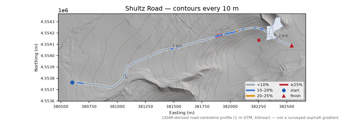 Shultz Road LiDAR hillshade map with contours