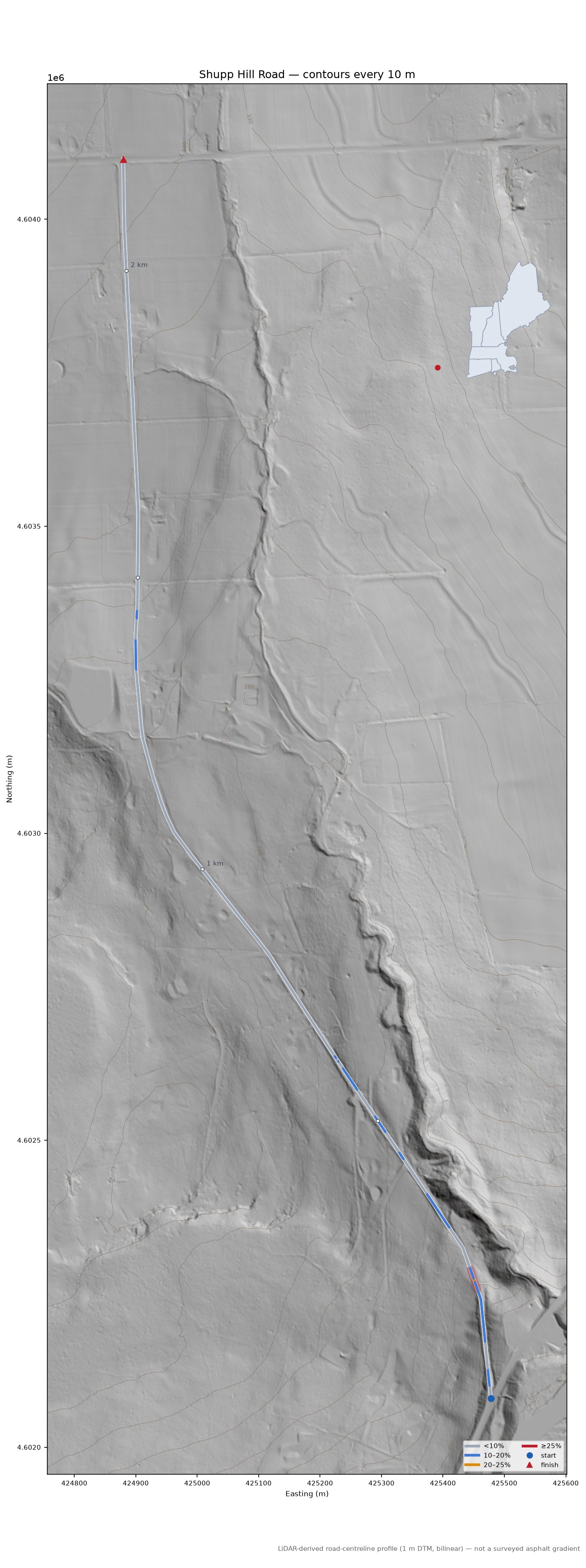 Shupp Hill Road LiDAR hillshade map with contours