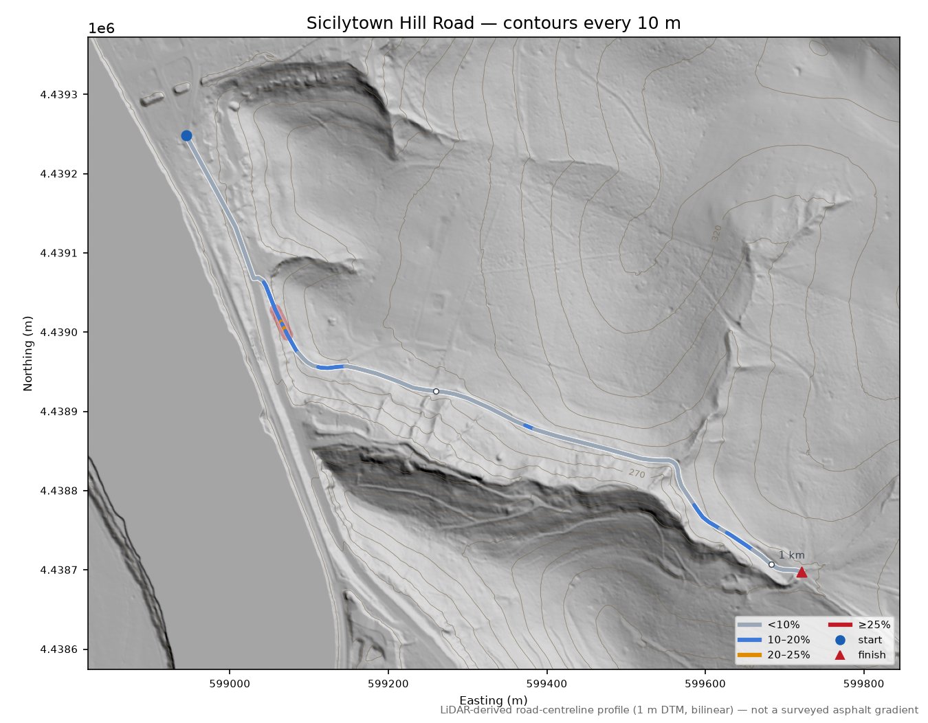 Sicilytown Hill Road LiDAR hillshade map with contours