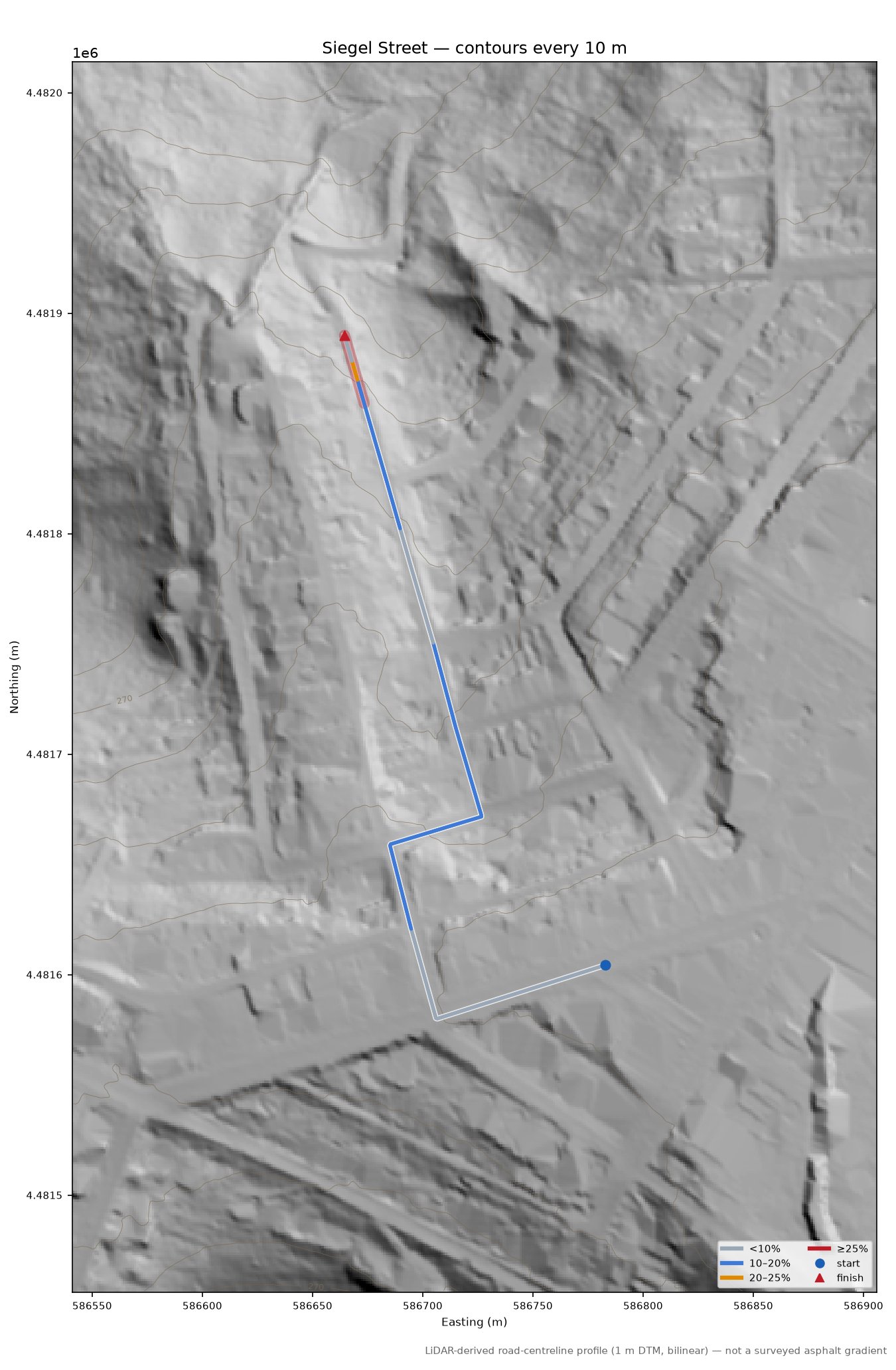 Siegel Street LiDAR hillshade map with contours