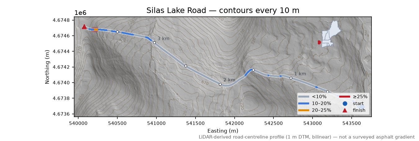 Silas Lake Road LiDAR hillshade map with contours