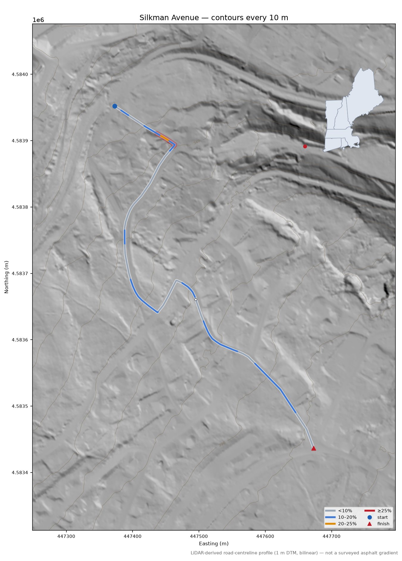 Silkman Avenue LiDAR hillshade map with contours