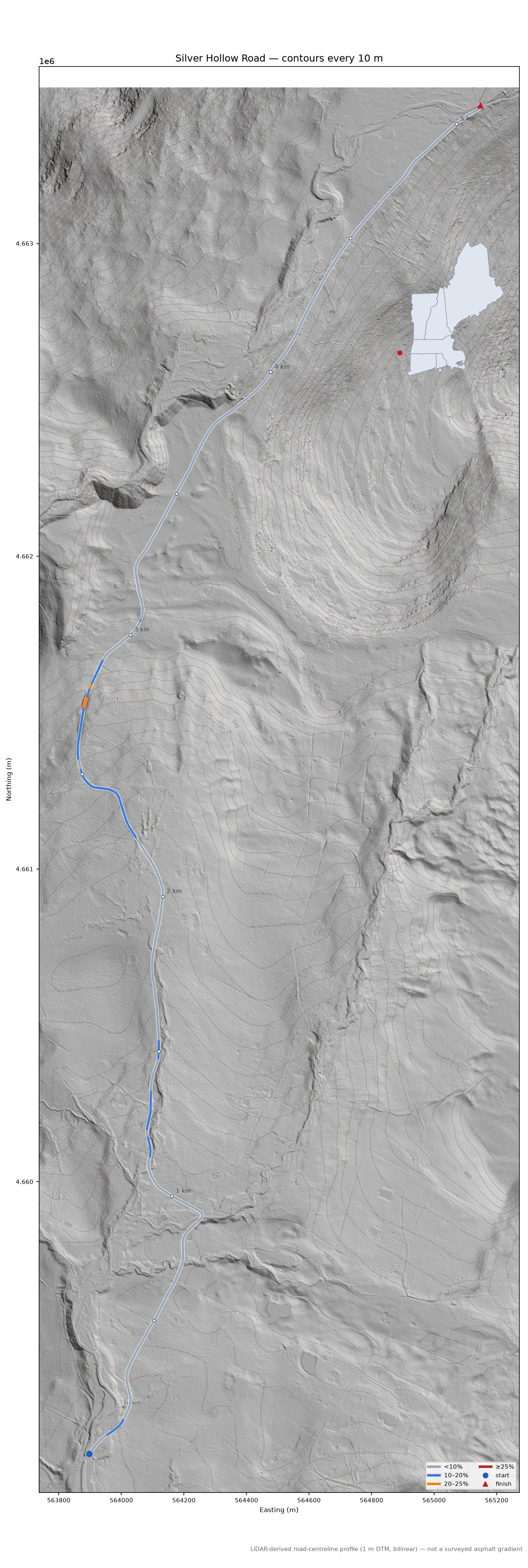 Silver Hollow Road LiDAR hillshade map with contours