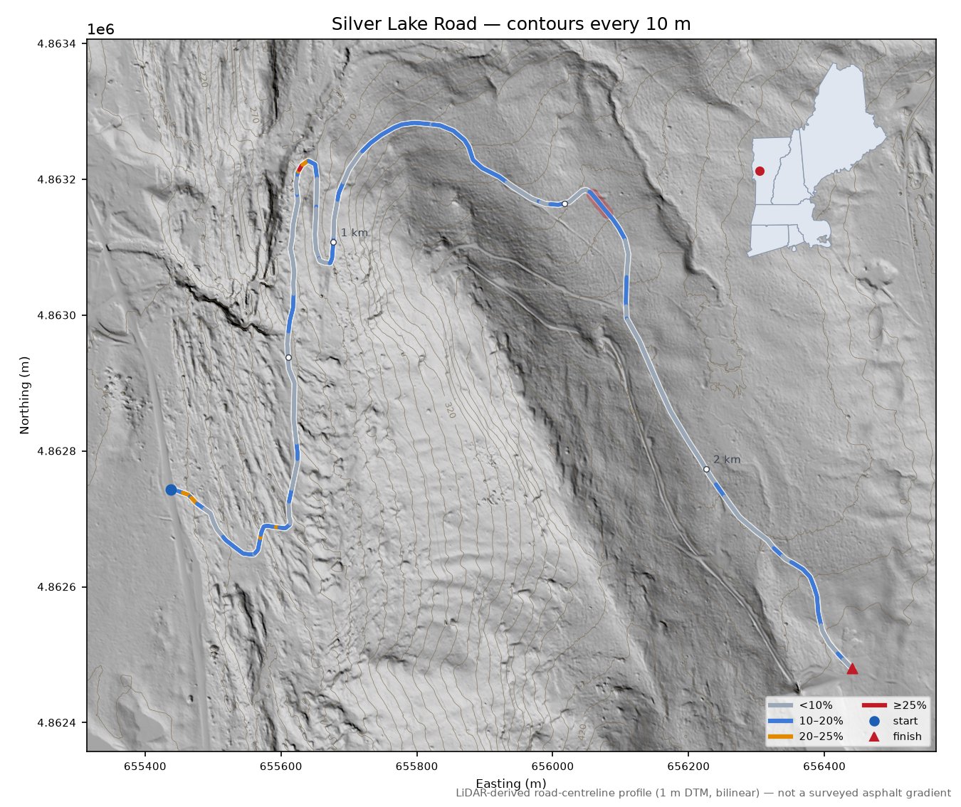 Silver Lake Road LiDAR hillshade map with contours