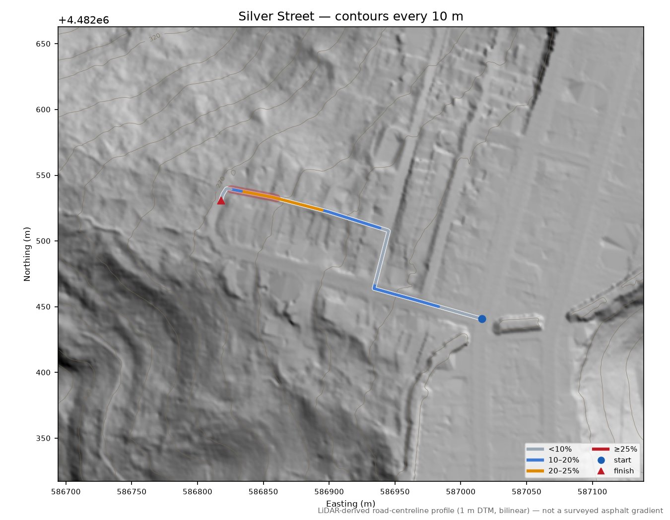 Silver Street LiDAR hillshade map with contours