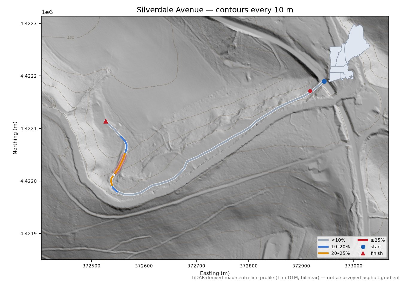 Silverdale Avenue LiDAR hillshade map with contours