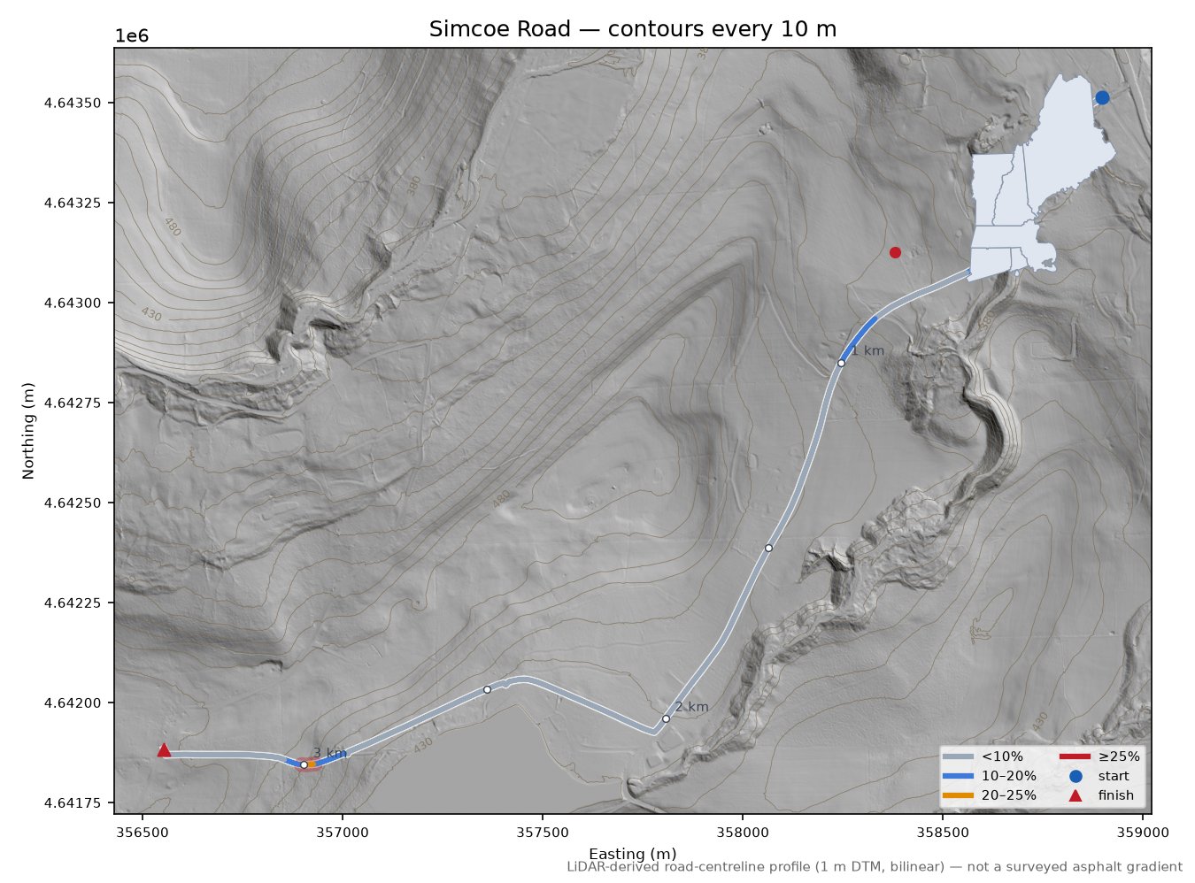 Simcoe Road LiDAR hillshade map with contours
