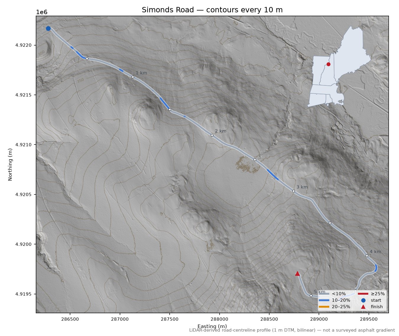 Simonds Road LiDAR hillshade map with contours