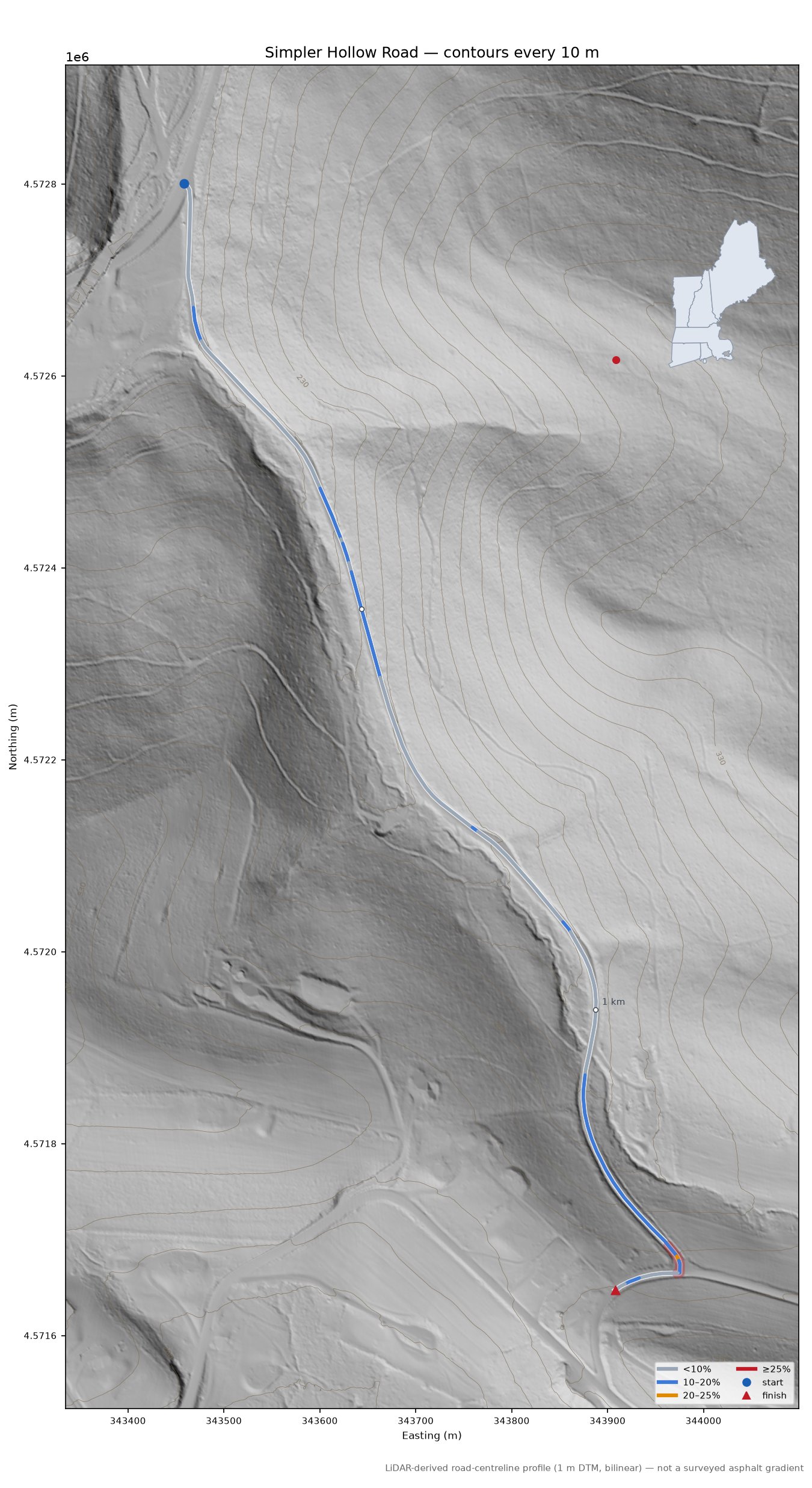 Simpler Hollow Road LiDAR hillshade map with contours
