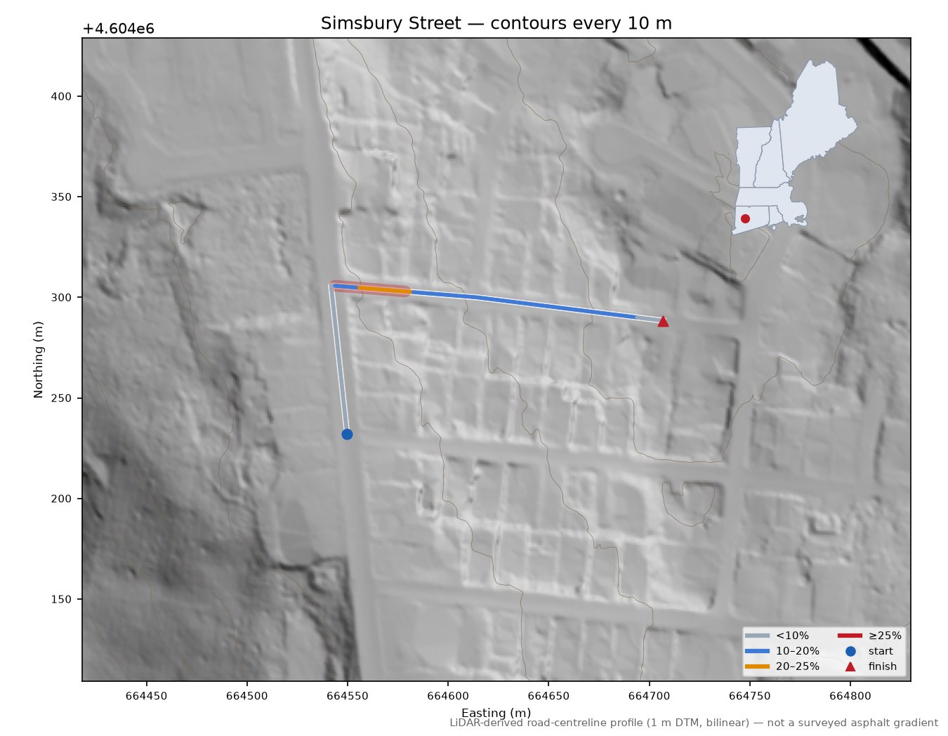 Simsbury Street LiDAR hillshade map with contours