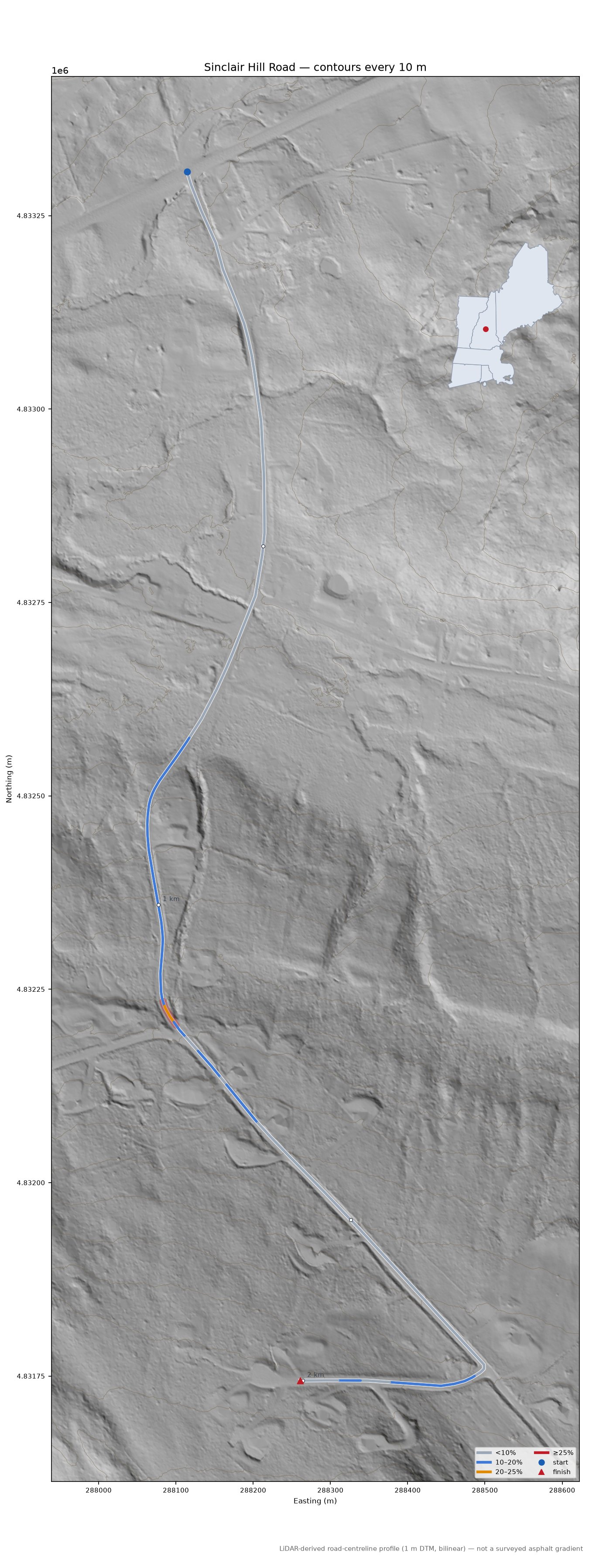 Sinclair Hill Road LiDAR hillshade map with contours