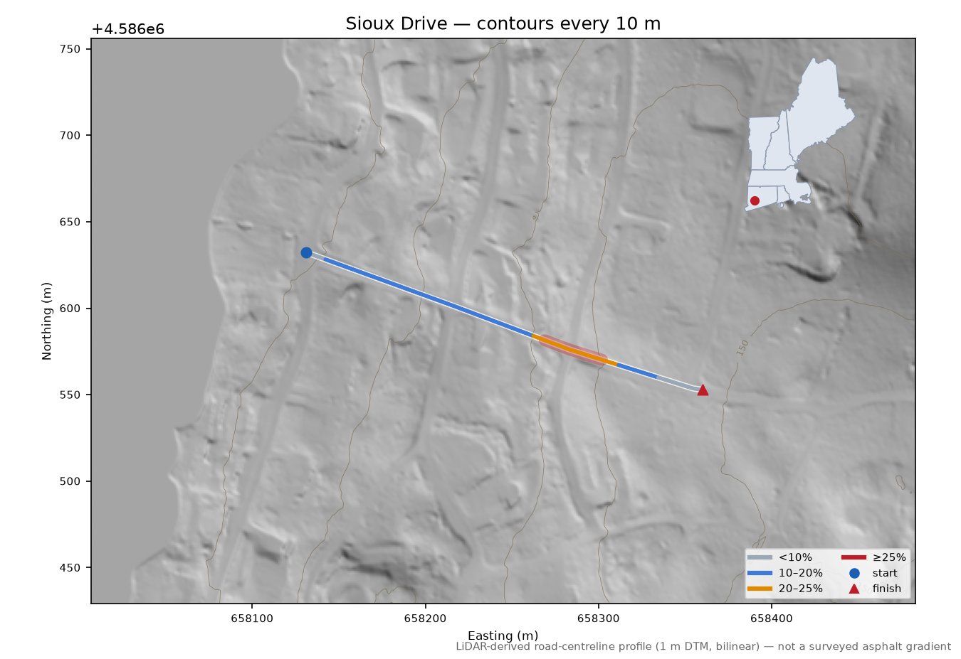 Sioux Drive LiDAR hillshade map with contours