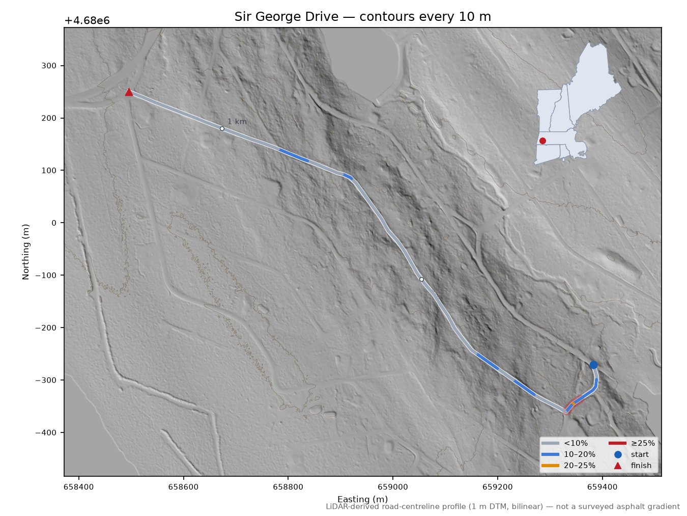 Sir George Drive LiDAR hillshade map with contours
