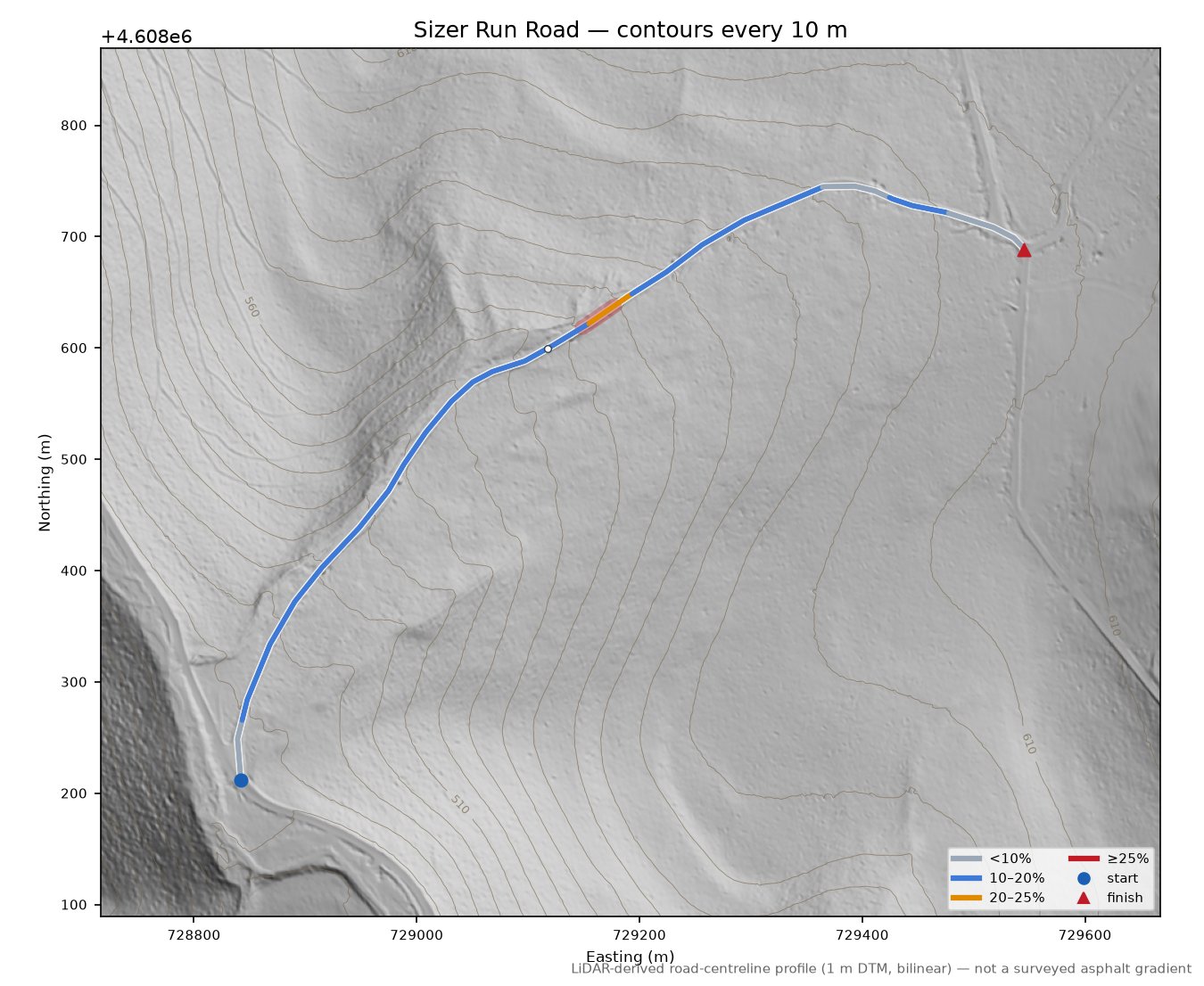 Sizer Run Road LiDAR hillshade map with contours