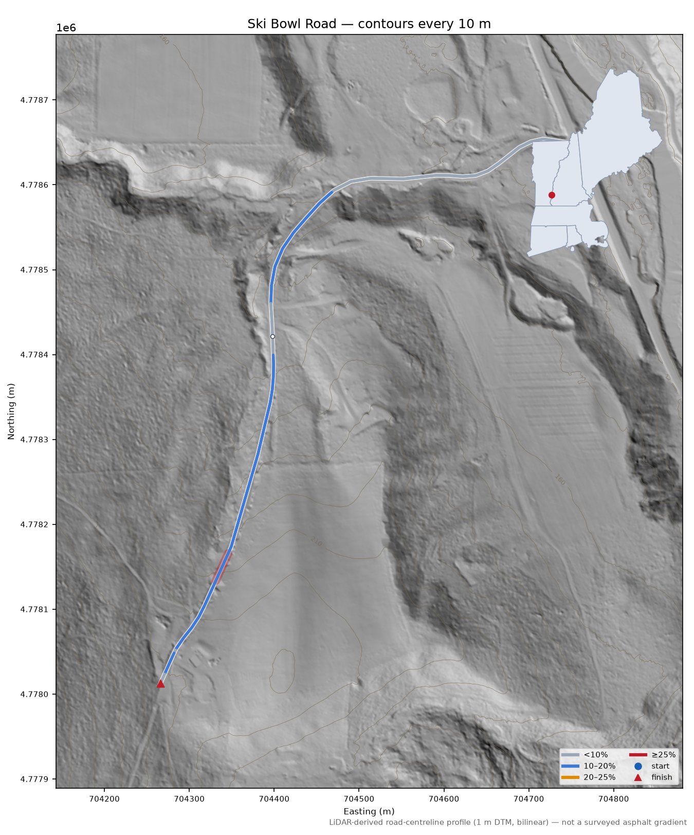 Ski Bowl Road LiDAR hillshade map with contours