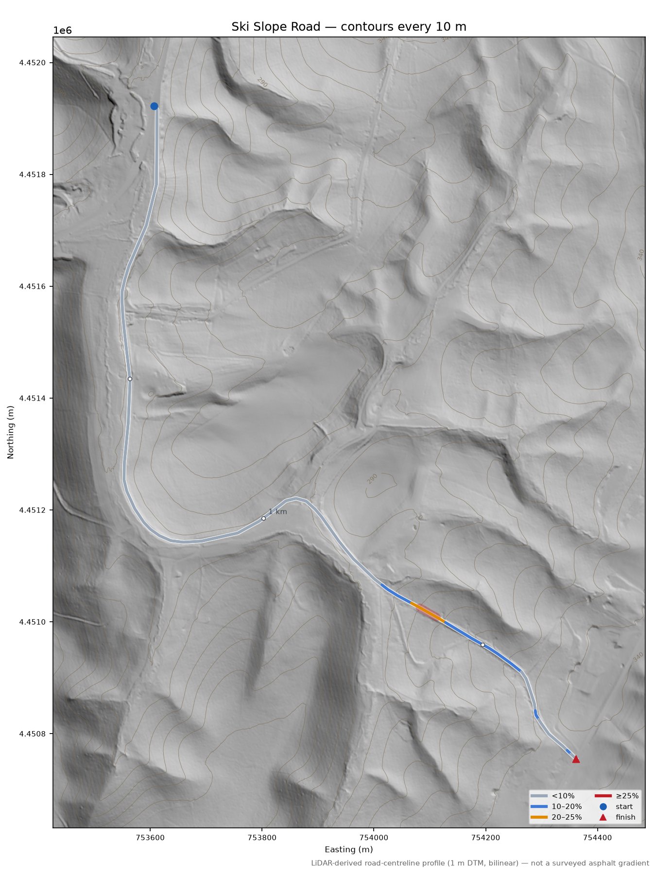 Ski Slope Road LiDAR hillshade map with contours