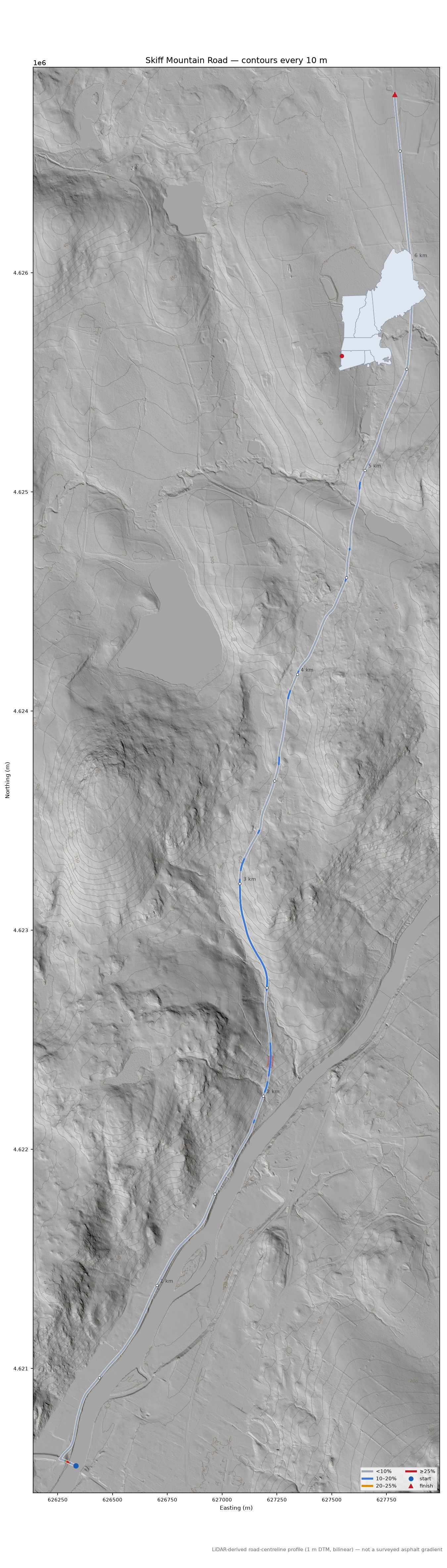 Skiff Mountain Road LiDAR hillshade map with contours