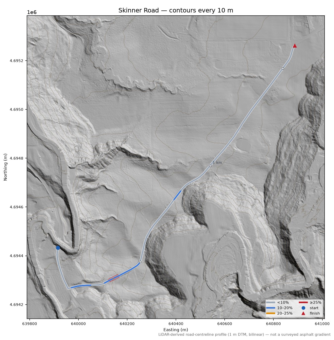 Skinner Road LiDAR hillshade map with contours