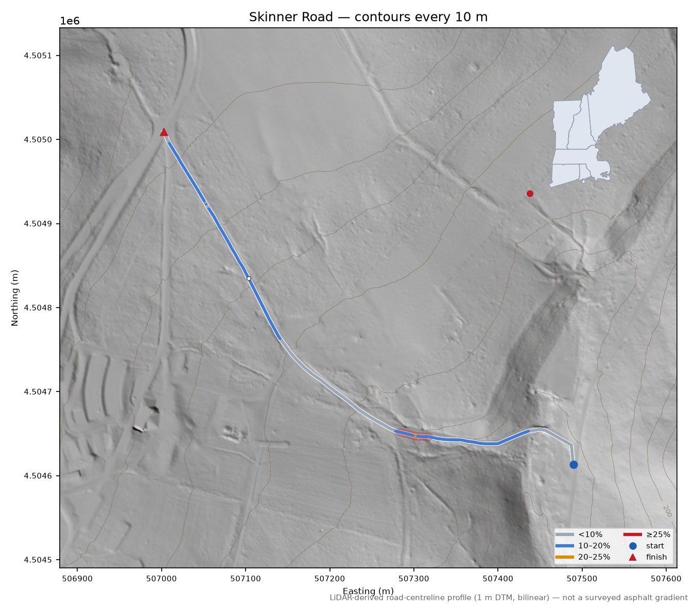 Skinner Road LiDAR hillshade map with contours