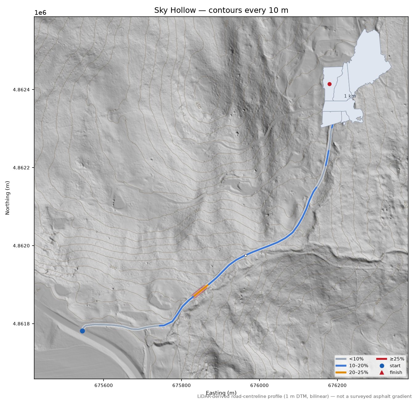 Sky Hollow LiDAR hillshade map with contours