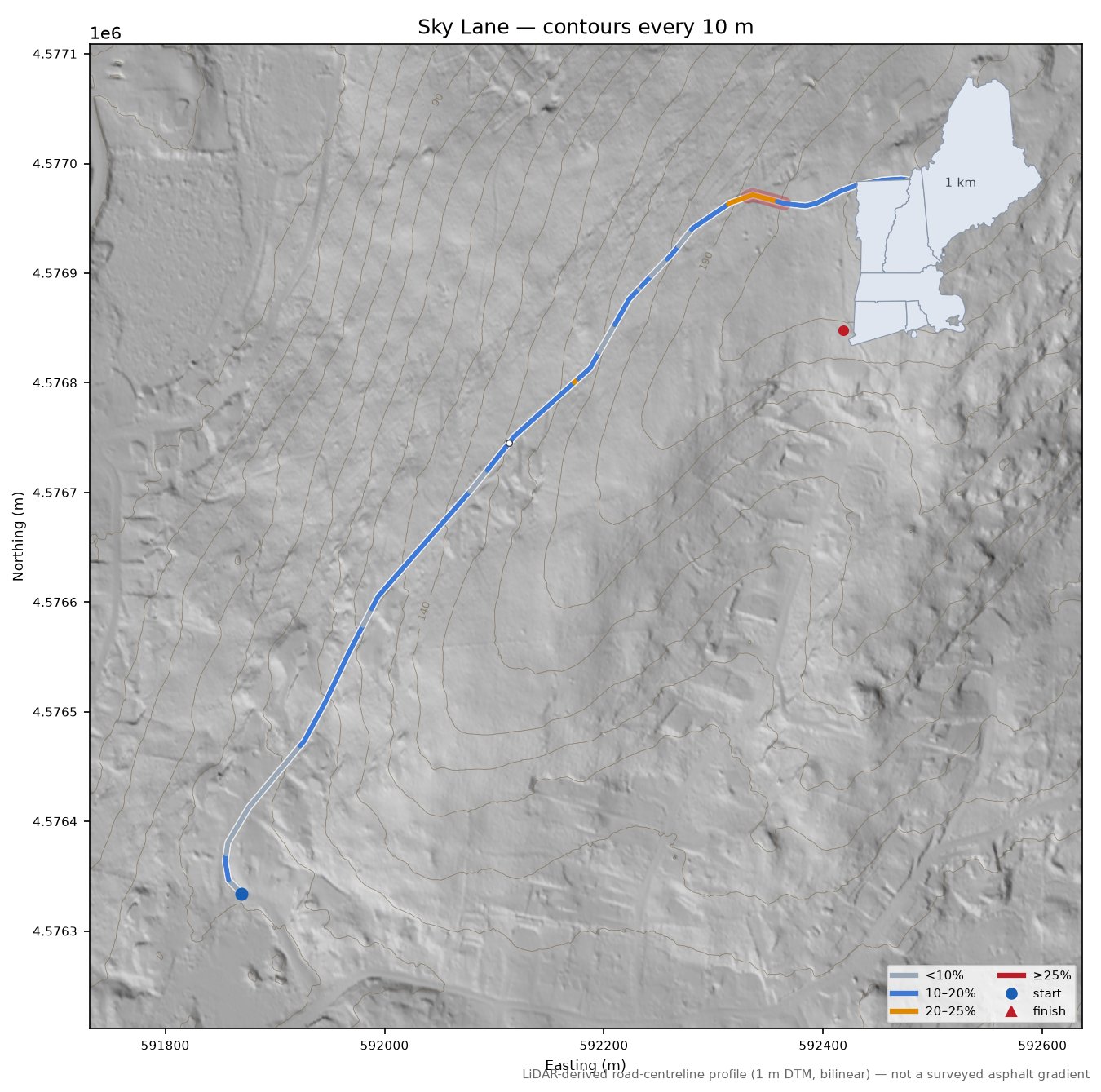 Sky Lane LiDAR hillshade map with contours