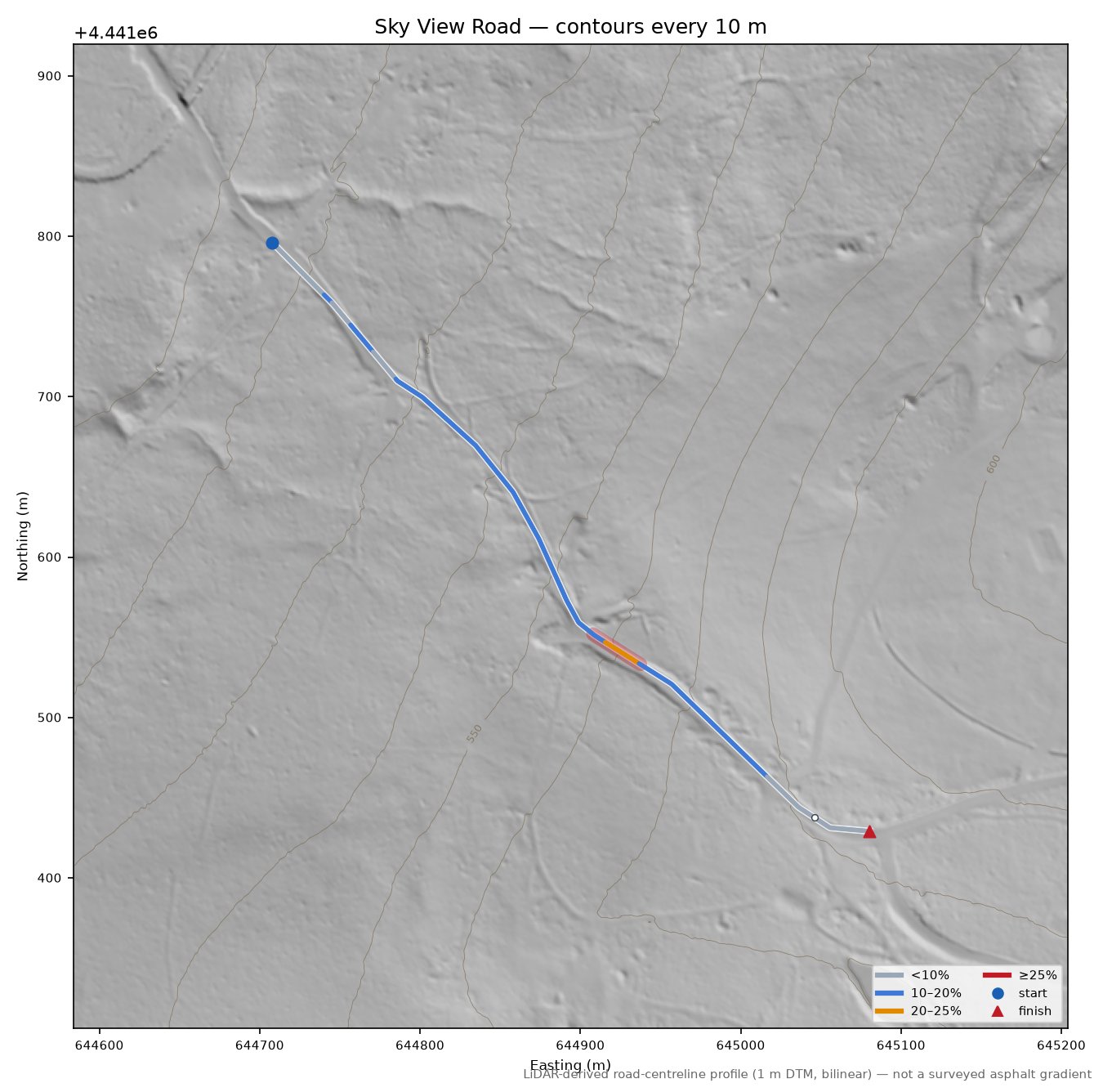 Sky View Road LiDAR hillshade map with contours