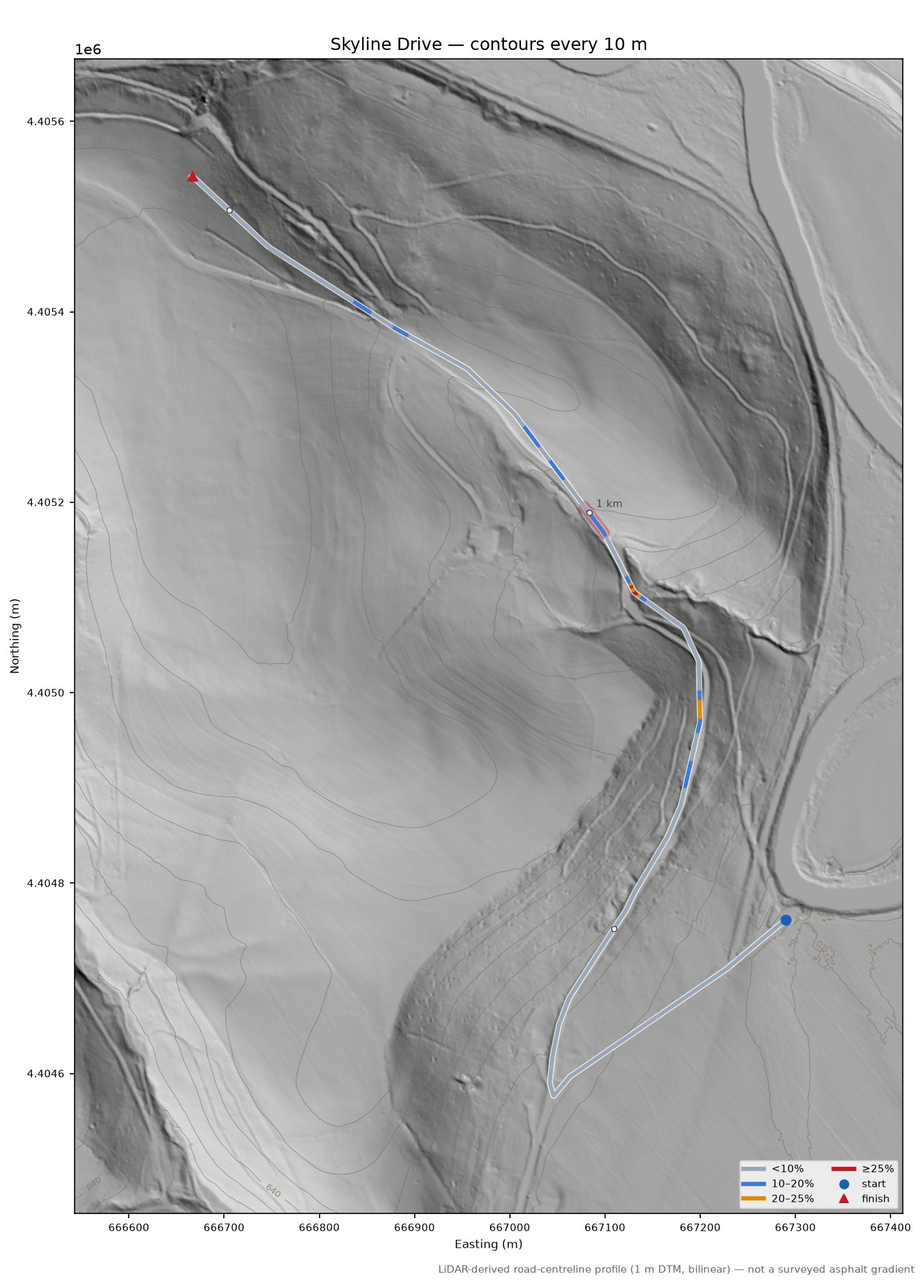 Skyline Drive LiDAR hillshade map with contours