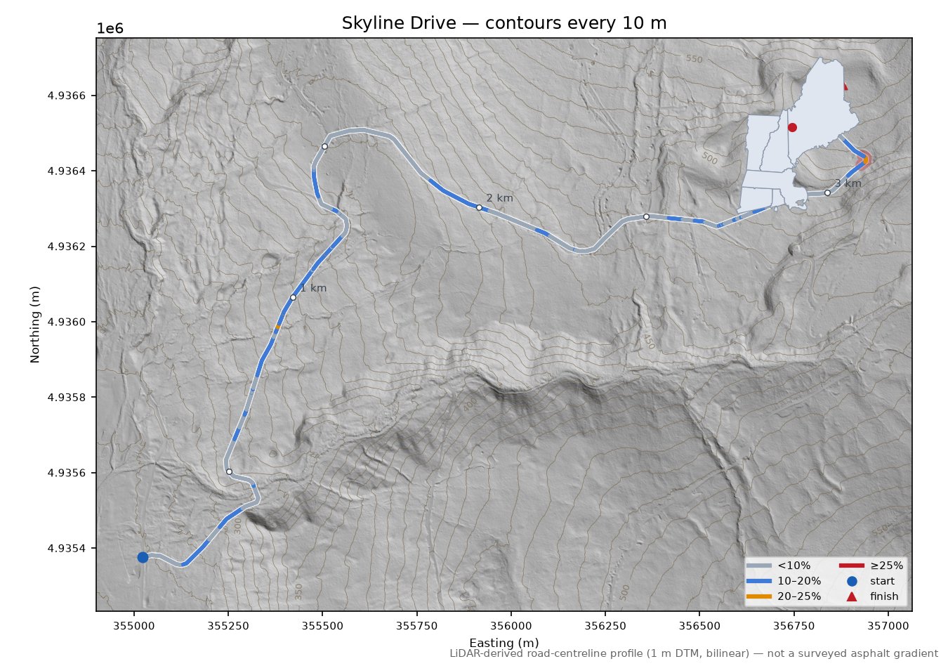 Skyline Drive LiDAR hillshade map with contours