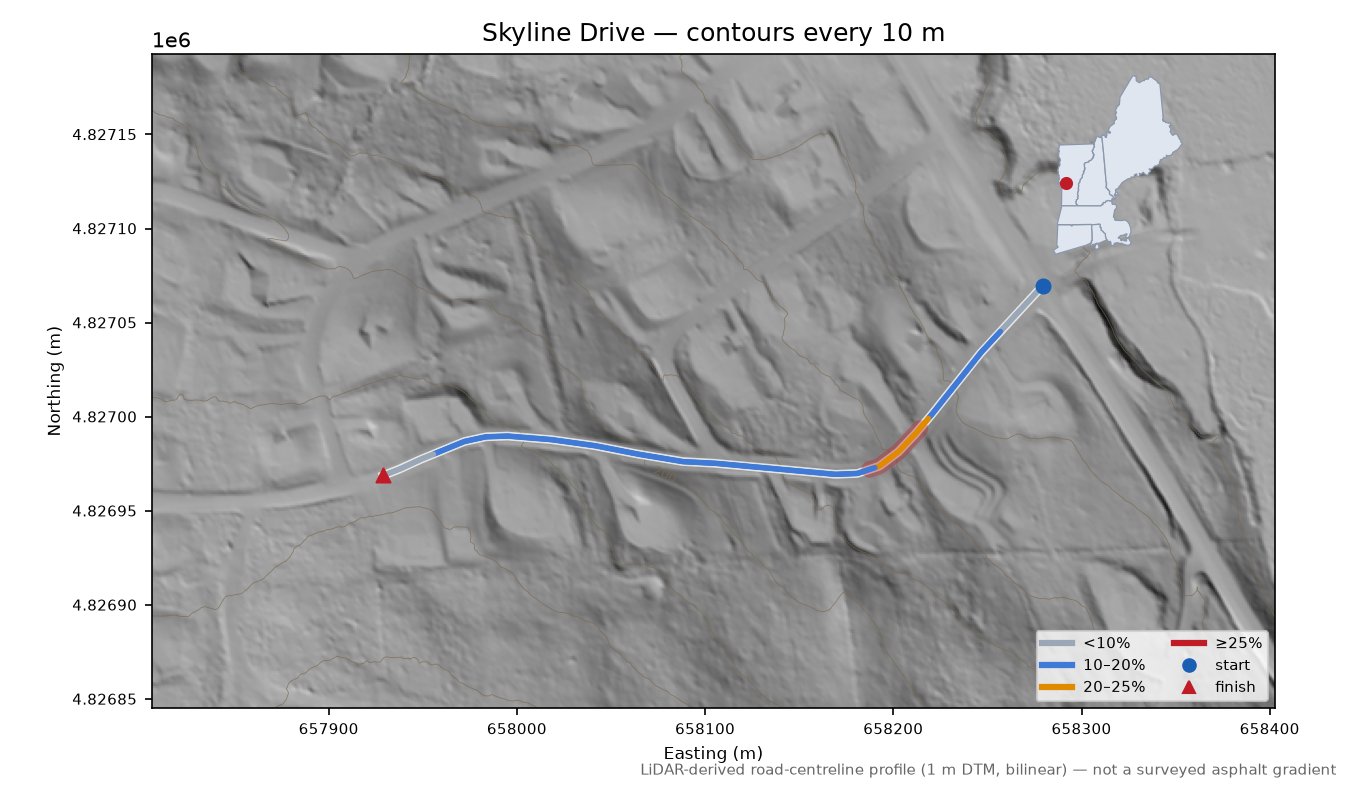 Skyline Drive LiDAR hillshade map with contours