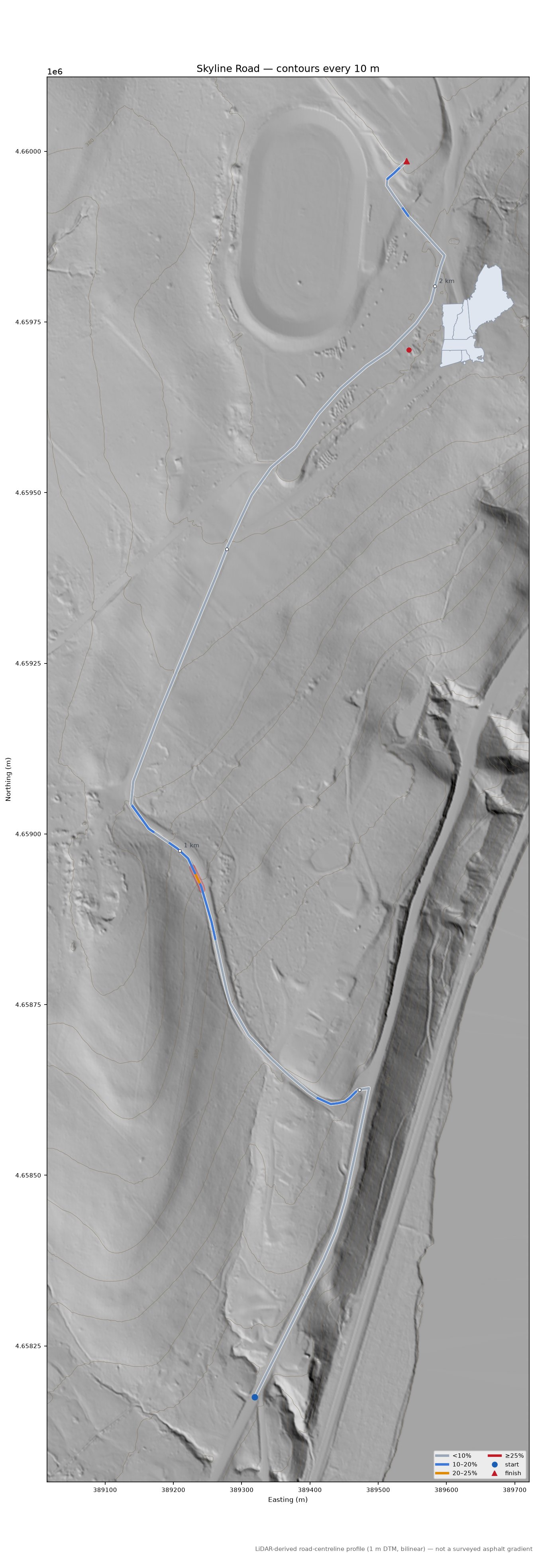 Skyline Road LiDAR hillshade map with contours