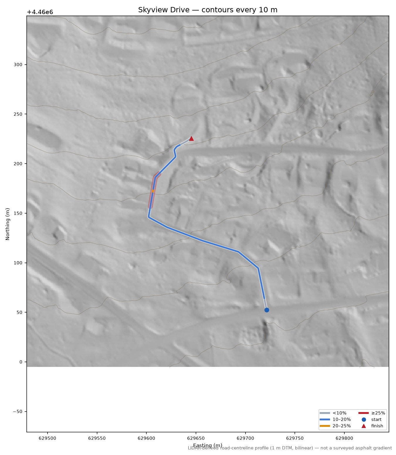 Skyview Drive LiDAR hillshade map with contours