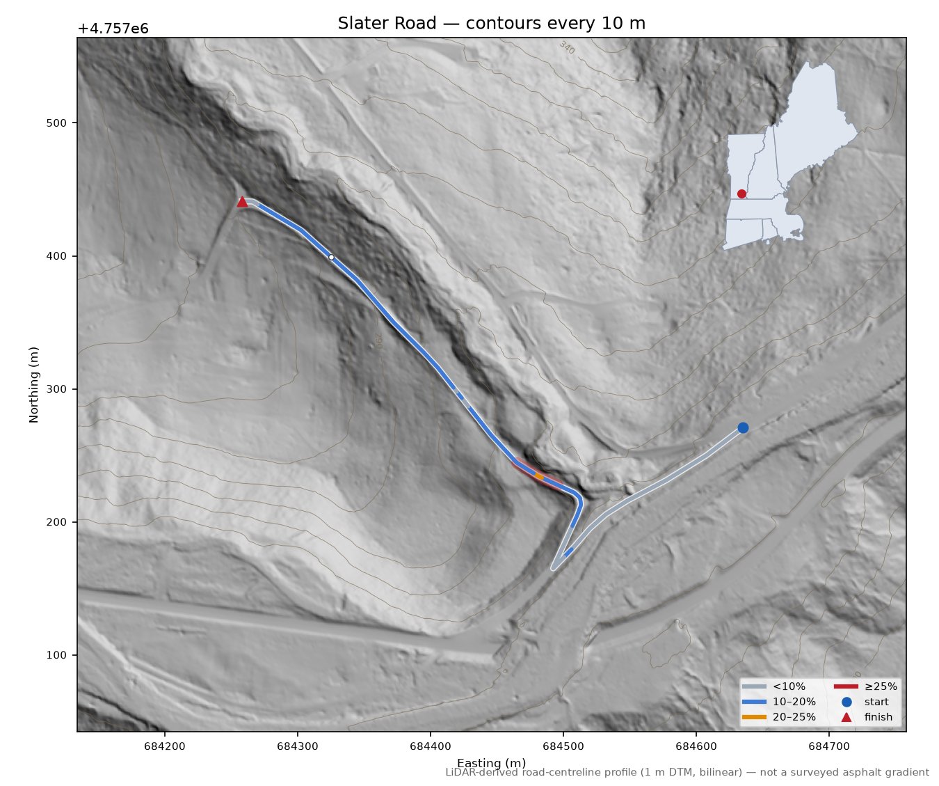 Slater Road LiDAR hillshade map with contours