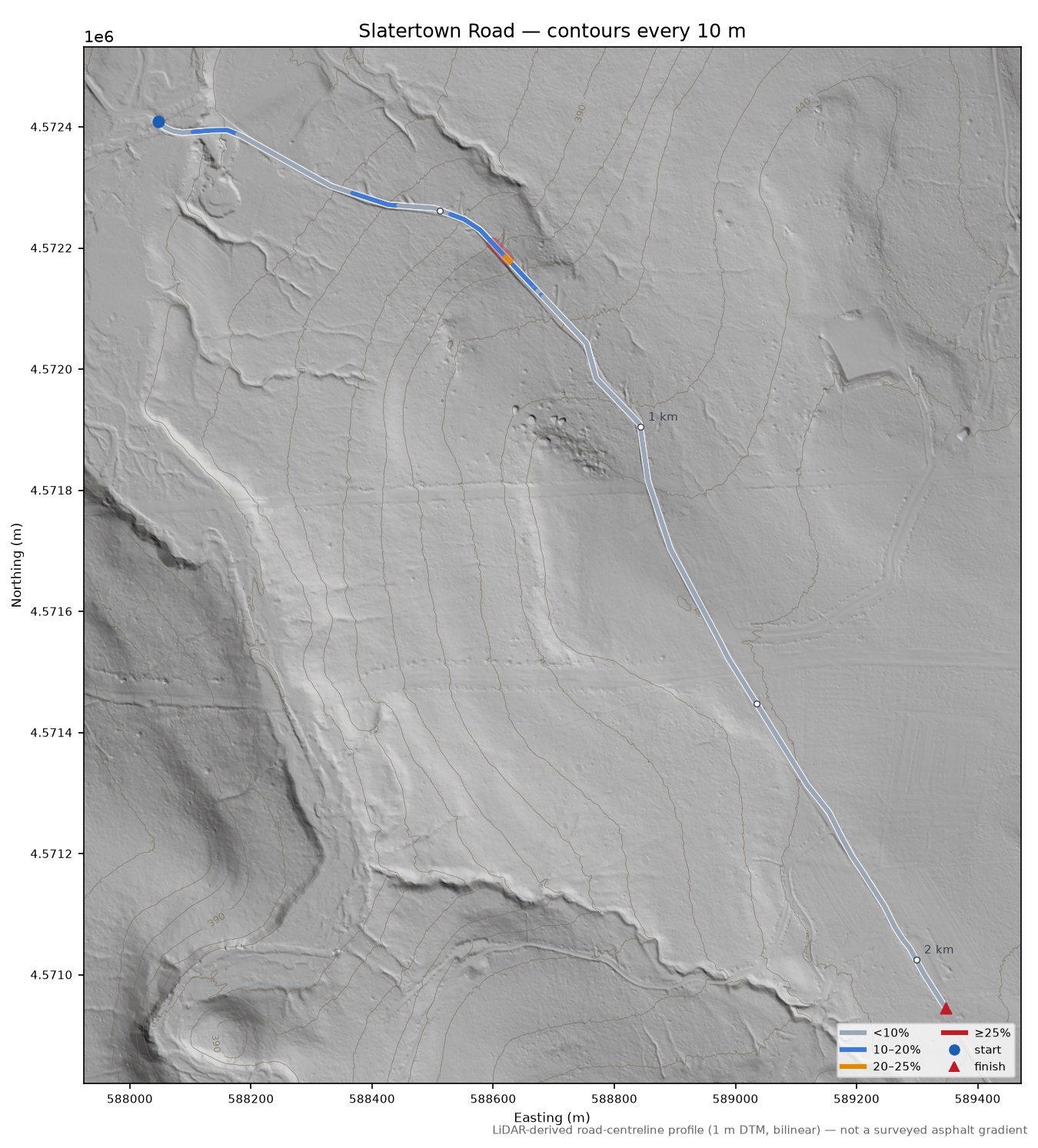 Slatertown Road LiDAR hillshade map with contours