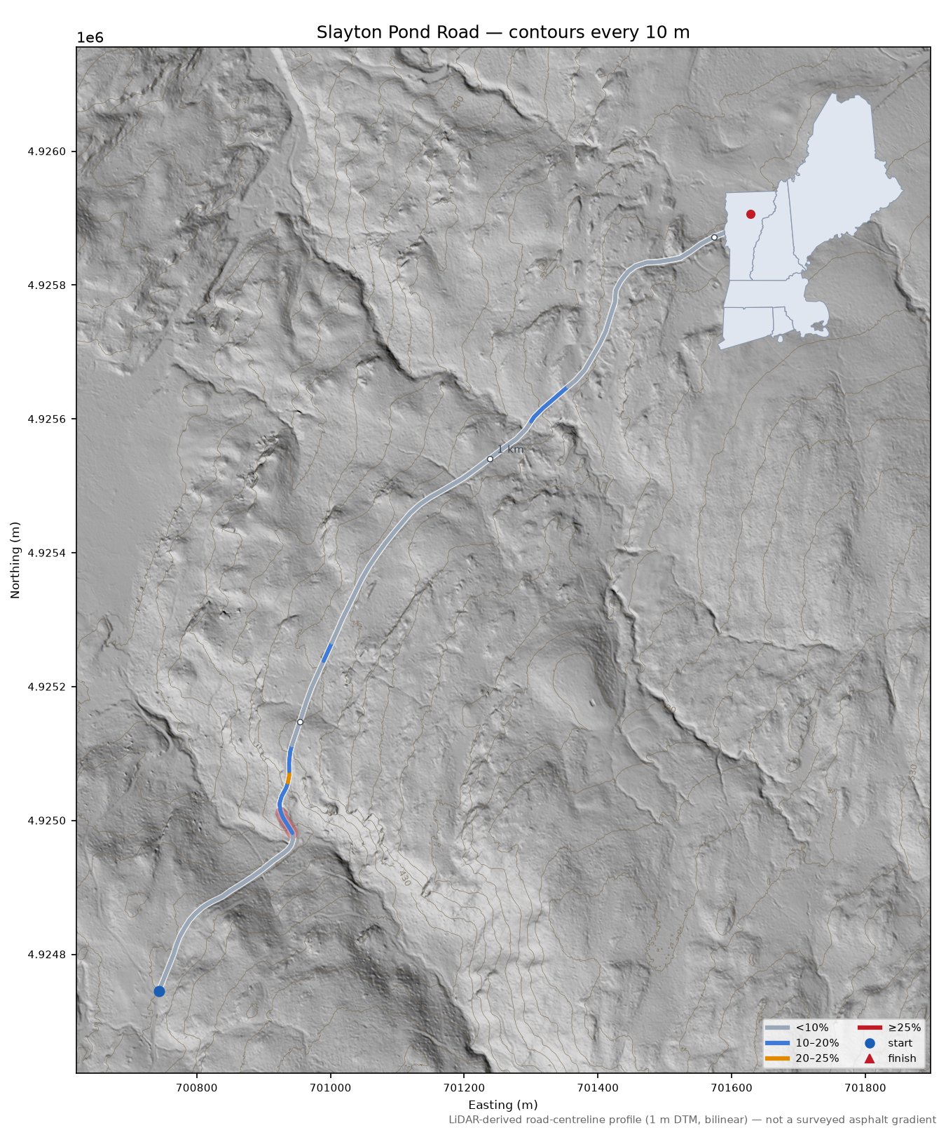 Slayton Pond Road LiDAR hillshade map with contours